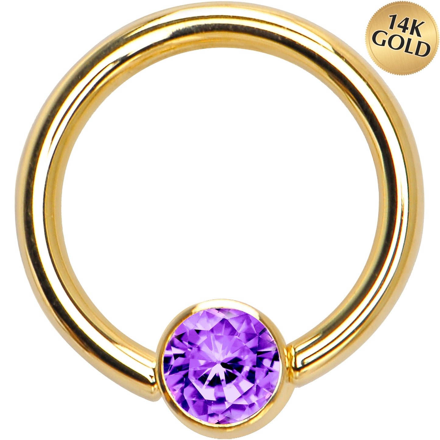 14G 3/8 Solid 14K Gold Purple CZ Gem BCR Captive Ring