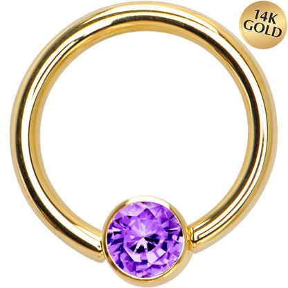 14G 3/8 Solid 14K Gold Purple CZ Gem BCR Captive Ring