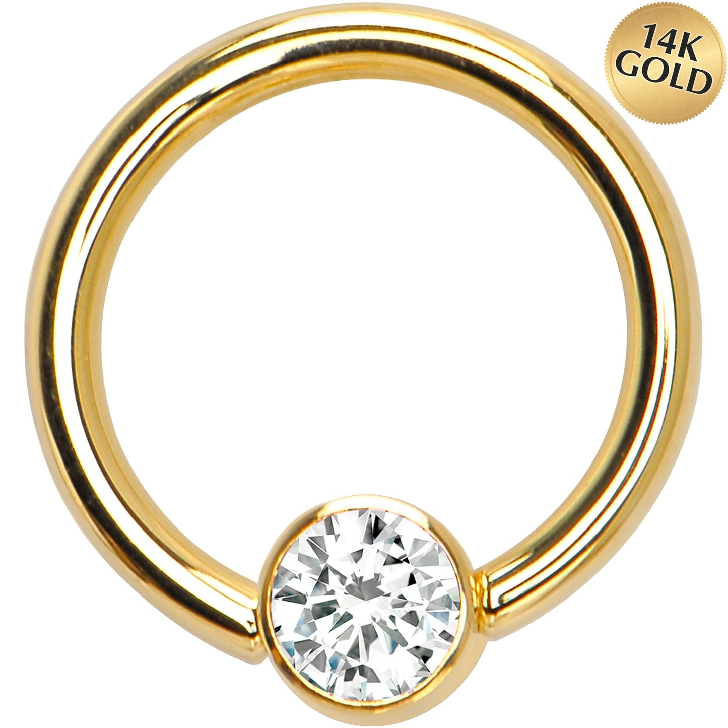 14G 3/8 Solid 14K Gold Clear CZ Gem BCR Captive Ring