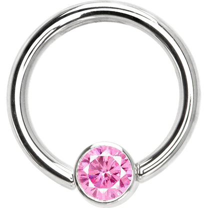 14G 3/8 Solid 14K White Gold Pink CZ Gem Captive Ring