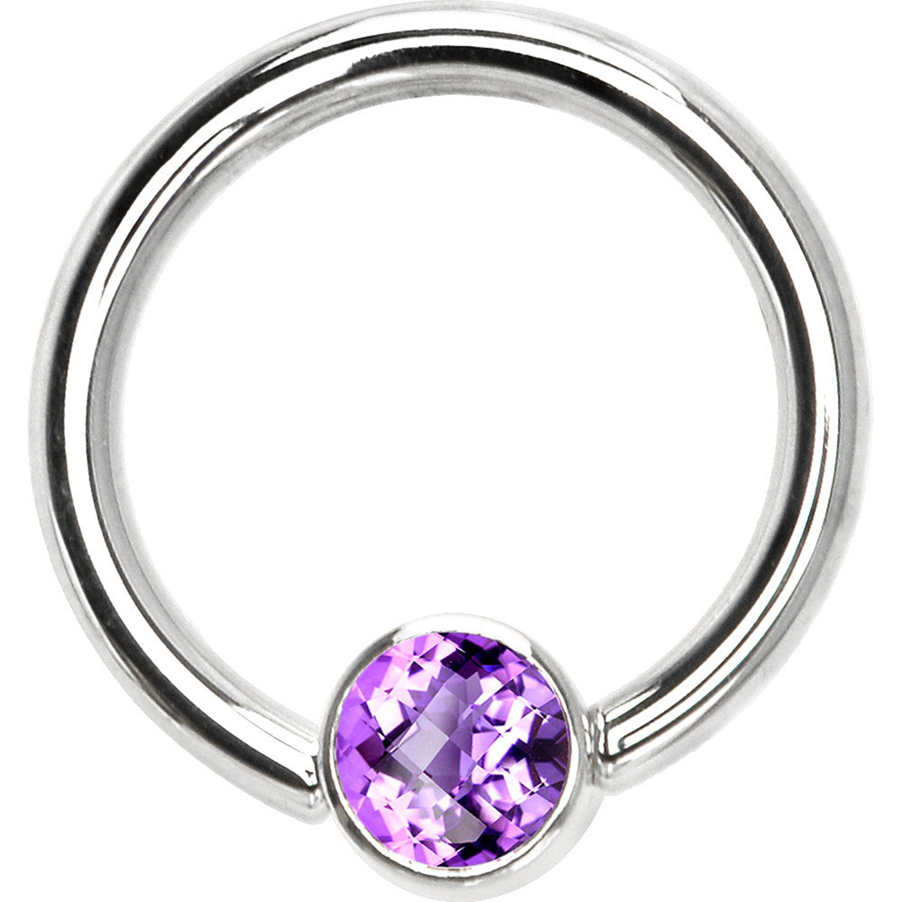 14G 3/8 Solid 14K White Gold Purple CZ Gem Captive Ring