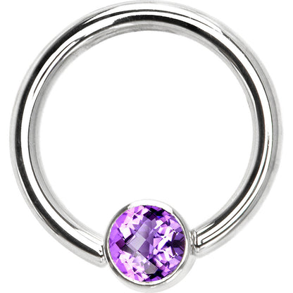 14G 3/8 Solid 14K White Gold Purple CZ Gem Captive Ring