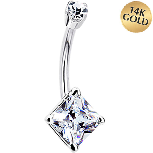 14k White Gold Clear Cubic Zirconia Princess Belly Ring