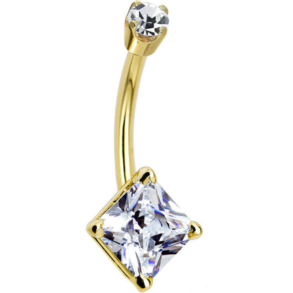 14k Yellow Gold Clear Cubic Zirconia Princess Belly Ring