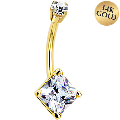 14k Yellow Gold Clear Cubic Zirconia Princess Belly Ring