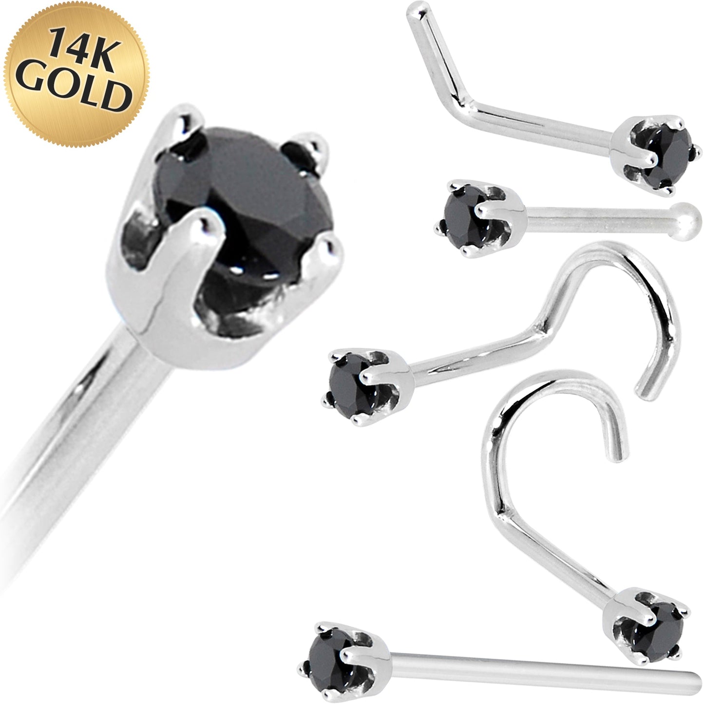 Solid 14K White Gold 2mm Black Cubic Zirconia Nose Ring