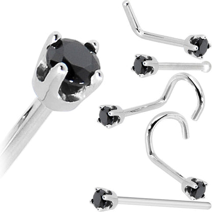 Solid 14K White Gold 2mm Black Cubic Zirconia Nose Ring