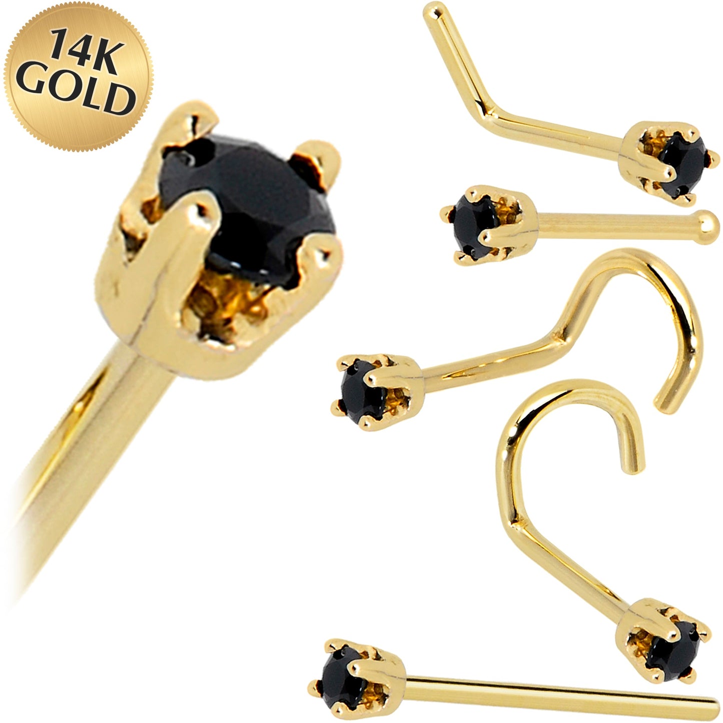 Solid 14K Yellow Gold 2mm Black Cubic Zirconia Nose Ring