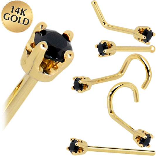 Solid 14K Yellow Gold 2mm Black Cubic Zirconia Nose Ring