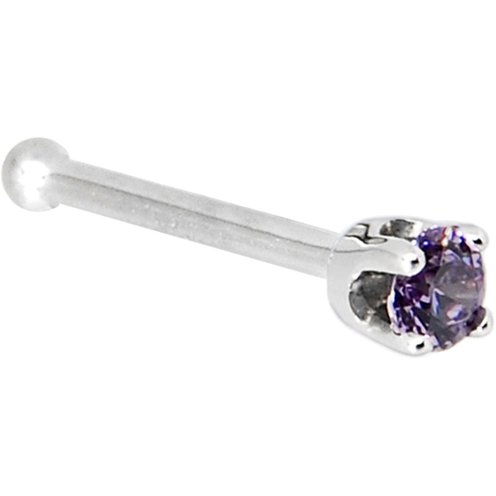 Solid 14K White Gold 2mm Amethyst Cubic Zirconia Nose Ring