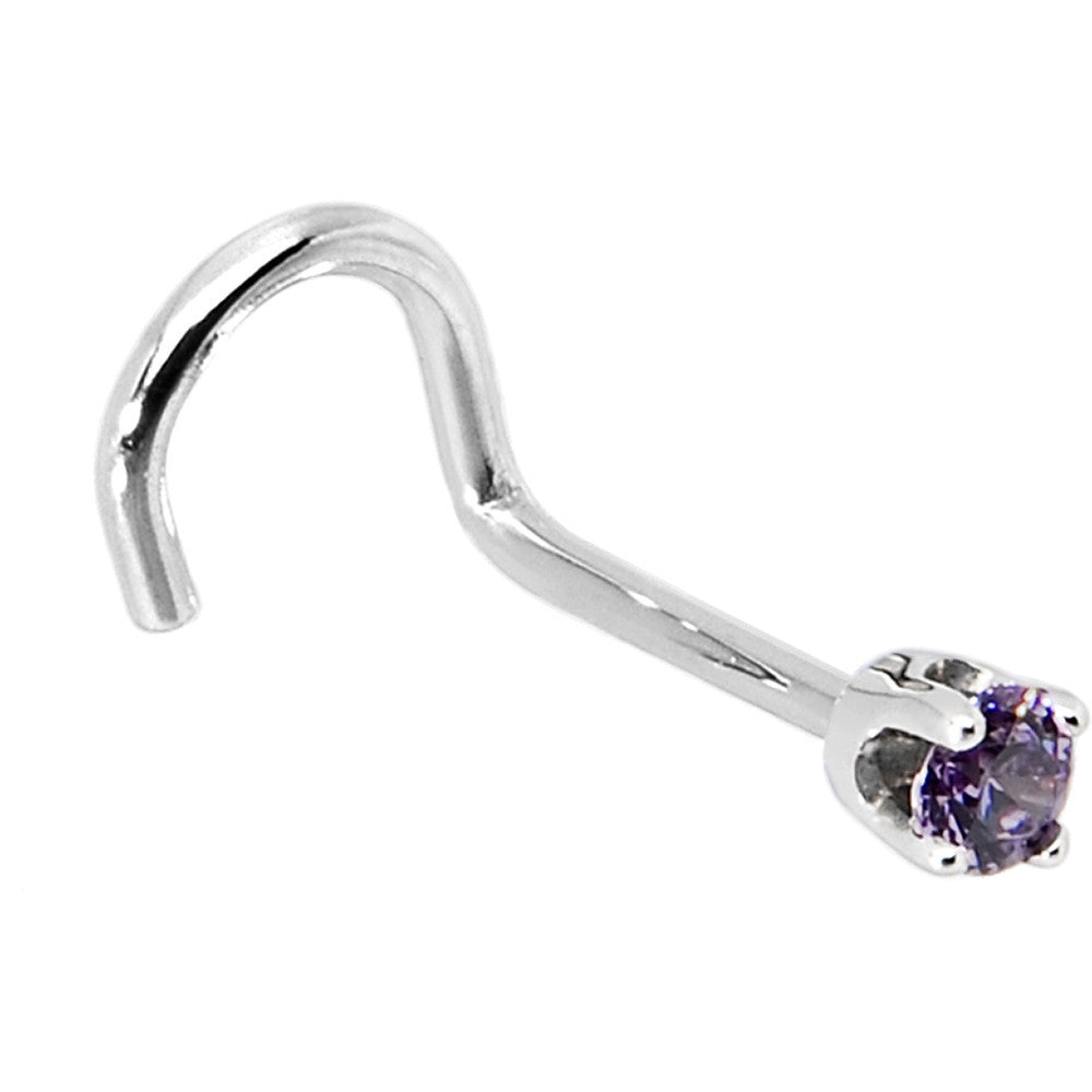 Solid 14K White Gold 2mm Amethyst Cubic Zirconia Nose Ring