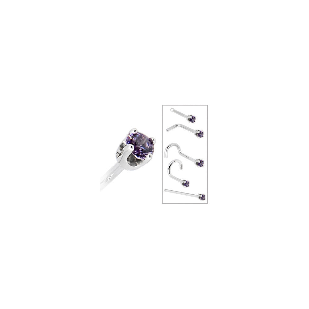 Solid 14K White Gold 2mm Amethyst Cubic Zirconia Nose Ring