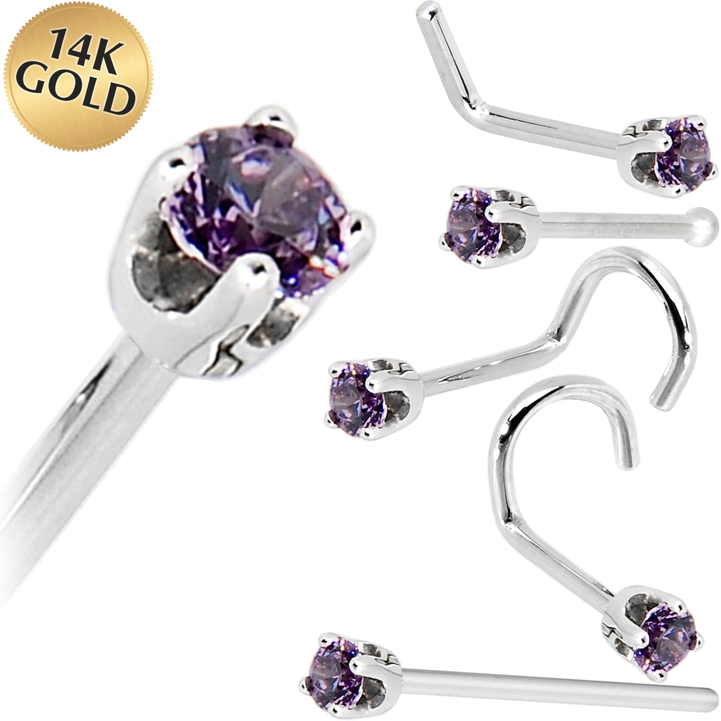 Solid 14K White Gold 2mm Amethyst Cubic Zirconia Nose Ring