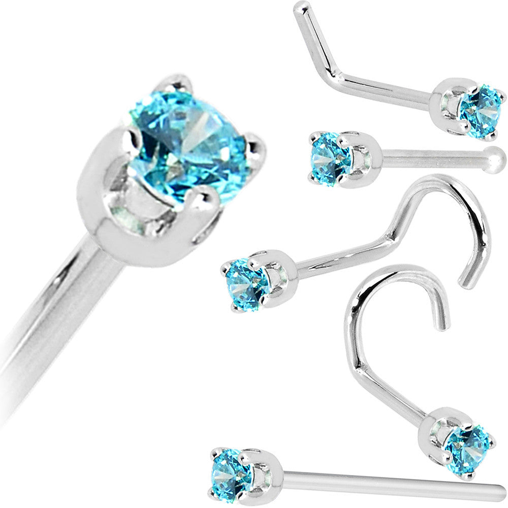 Solid 14K White Gold 2mm Mint Green Cubic Zirconia Nose Ring