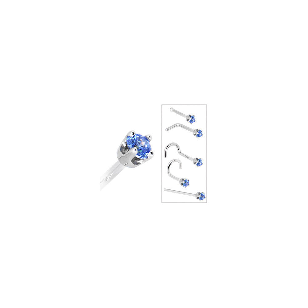 Solid 14K White Gold 2mm Arctic Blue Cubic Zirconia Nose Ring