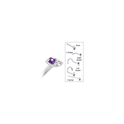 14k White Gold Amethyst 1.5mm CZ Marquise Nose Ring