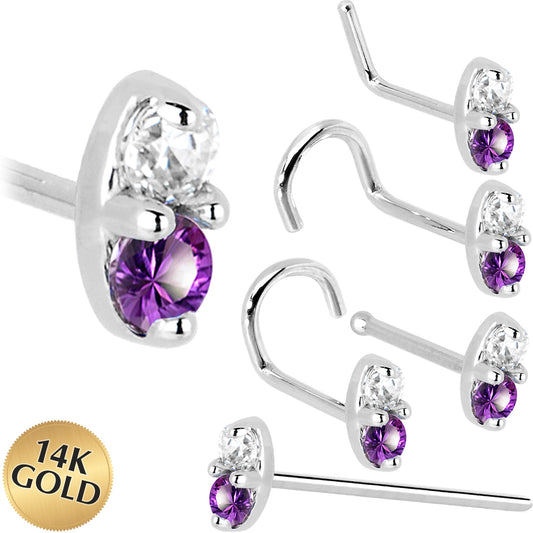 14k White Gold Amethyst 1.5mm CZ Marquise Nose Ring