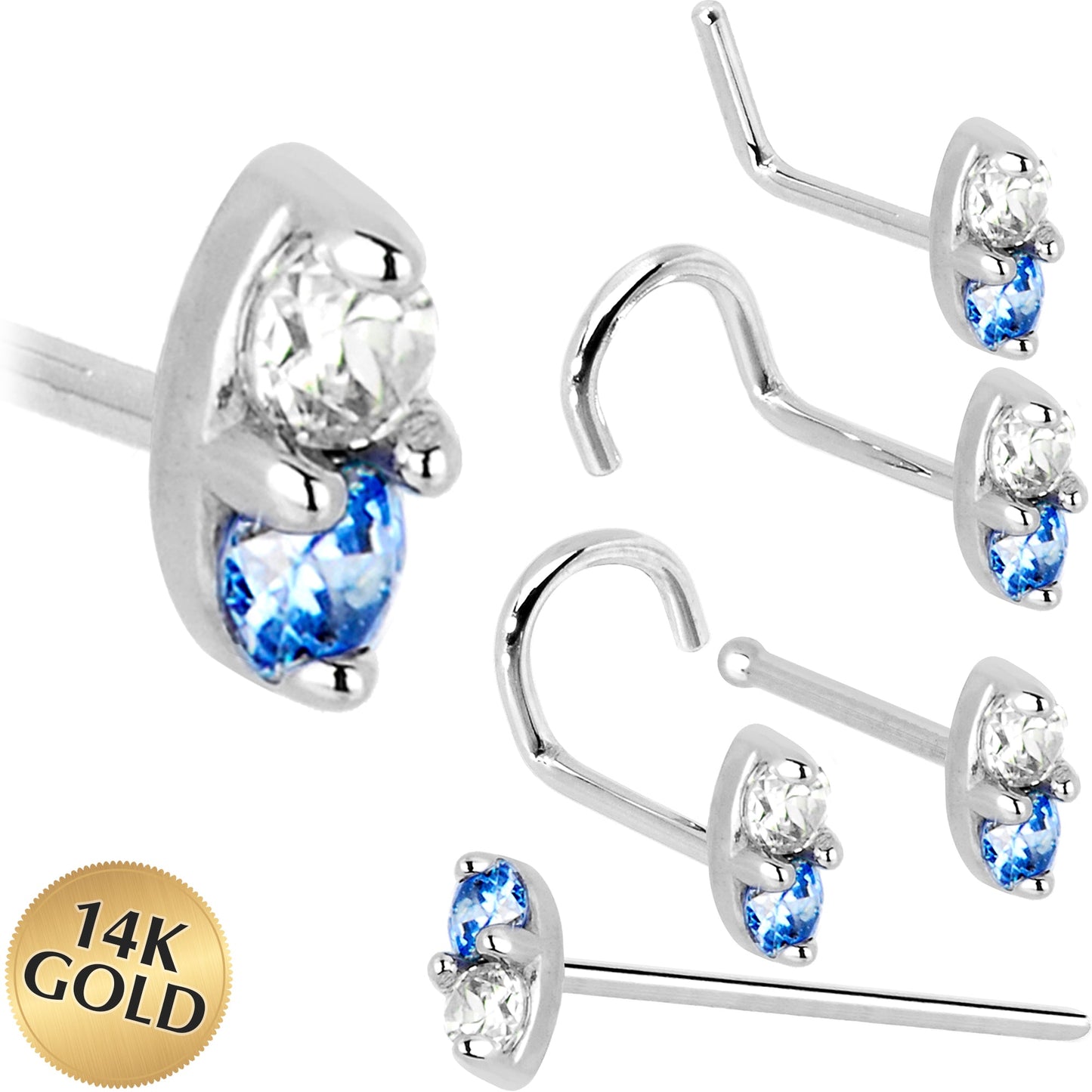 14k White Gold Arctic Blue 1.5mm CZ Marquise Nose Ring