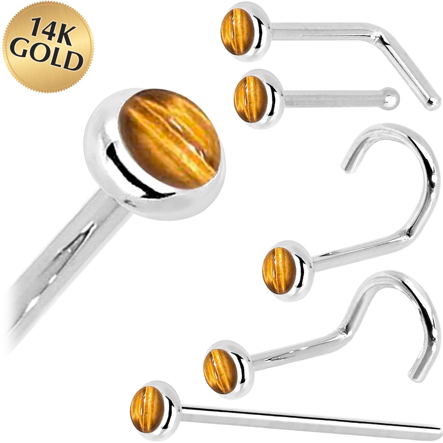 Solid 14K White Gold 2mm Tiger Eye Nose Ring