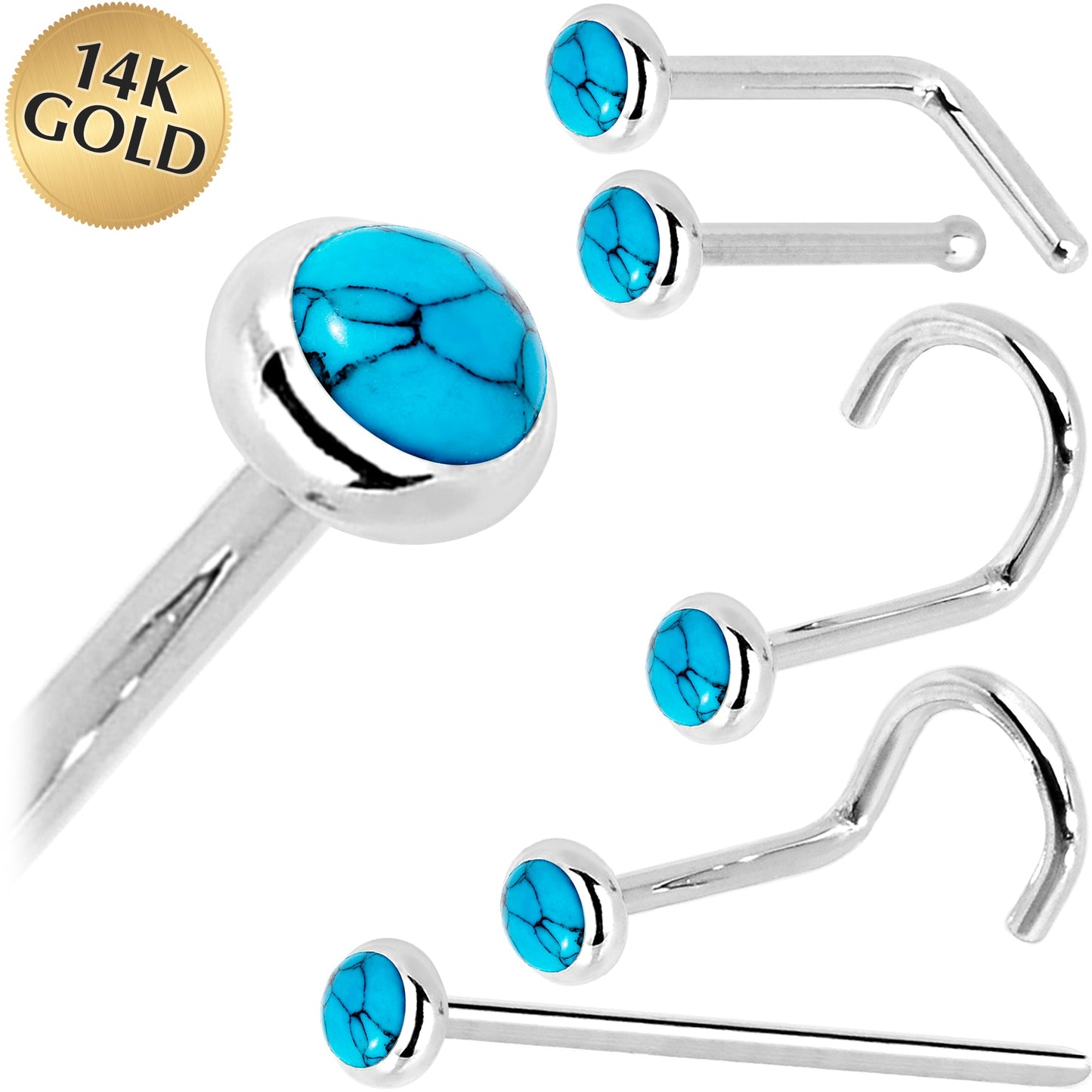 Solid 14K White Gold 2mm Turquoise Nose Ring