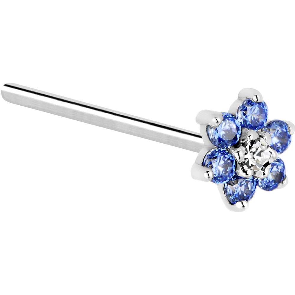 Solid 14K White Gold Arctic Blue and Clear Cubic Zirconia Flower Nose Ring