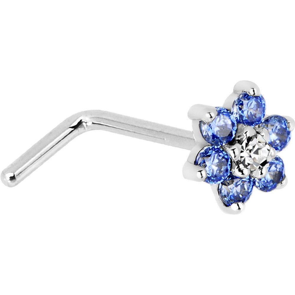 Solid 14K White Gold Arctic Blue and Clear Cubic Zirconia Flower Nose Ring