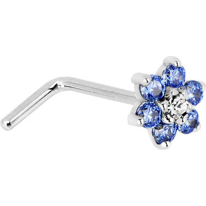 Solid 14K White Gold Arctic Blue and Clear Cubic Zirconia Flower Nose Ring