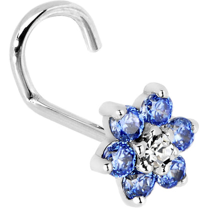 Solid 14K White Gold Arctic Blue and Clear Cubic Zirconia Flower Nose Ring