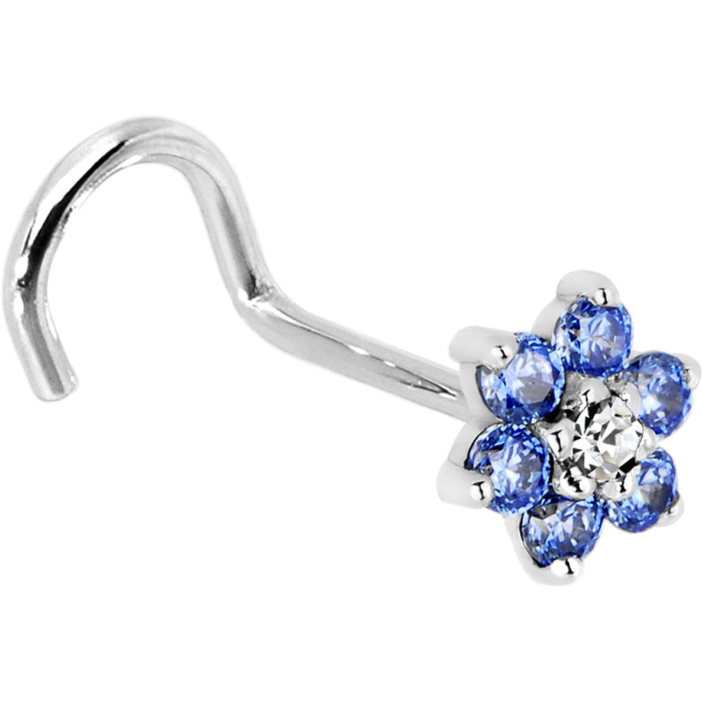 Solid 14K White Gold Arctic Blue and Clear Cubic Zirconia Flower Nose Ring