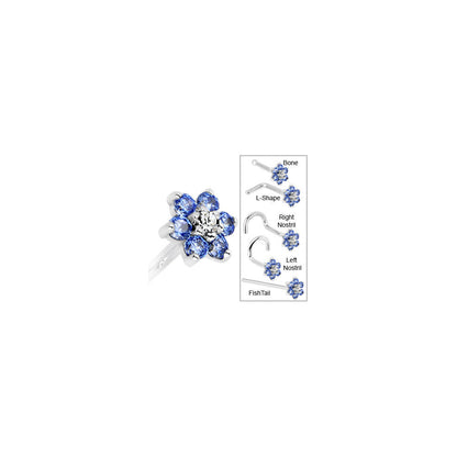Solid 14K White Gold Arctic Blue and Clear Cubic Zirconia Flower Nose Ring
