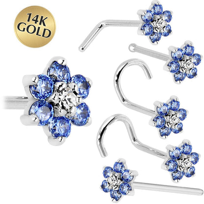 Solid 14K White Gold Arctic Blue and Clear Cubic Zirconia Flower Nose Ring