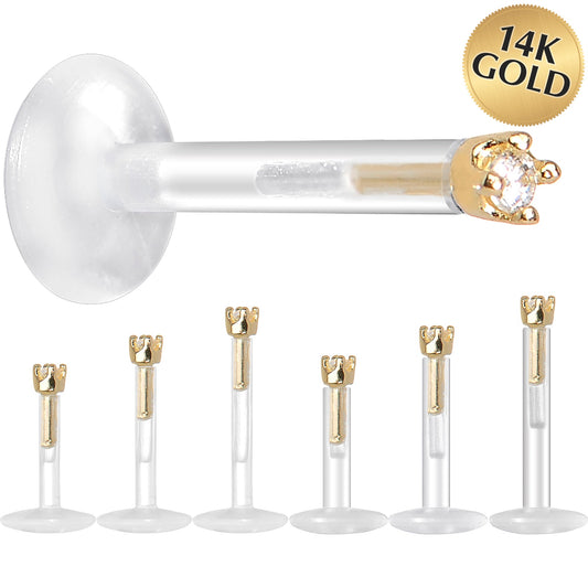 Solid 14K Yellow Gold 1.5mm CZ Bioplast Push in Labret Monroe