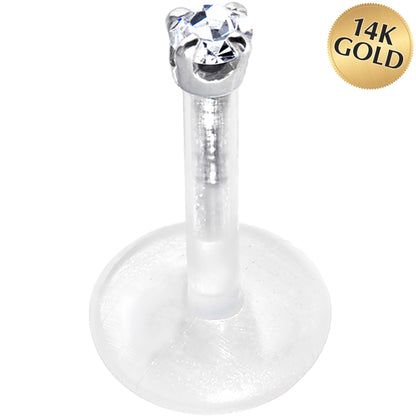 16G 5/16 Solid 14K White Gold 1.5mm CZ Bioplast Push in Tragus Earring