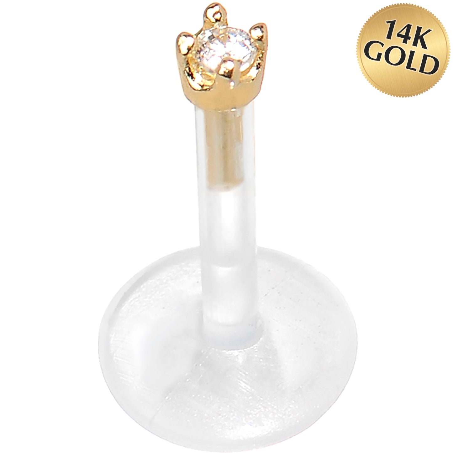 16G 5/16 Solid 14K Yellow Gold 1.5mm CZ Bioplast Push in Tragus Earring