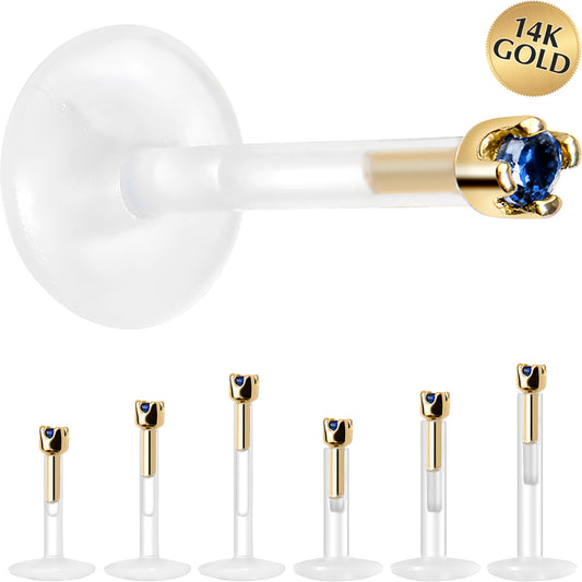 Solid 14K Yellow Gold September 1.5mm CZ Bioplast Push in Labret Monroe