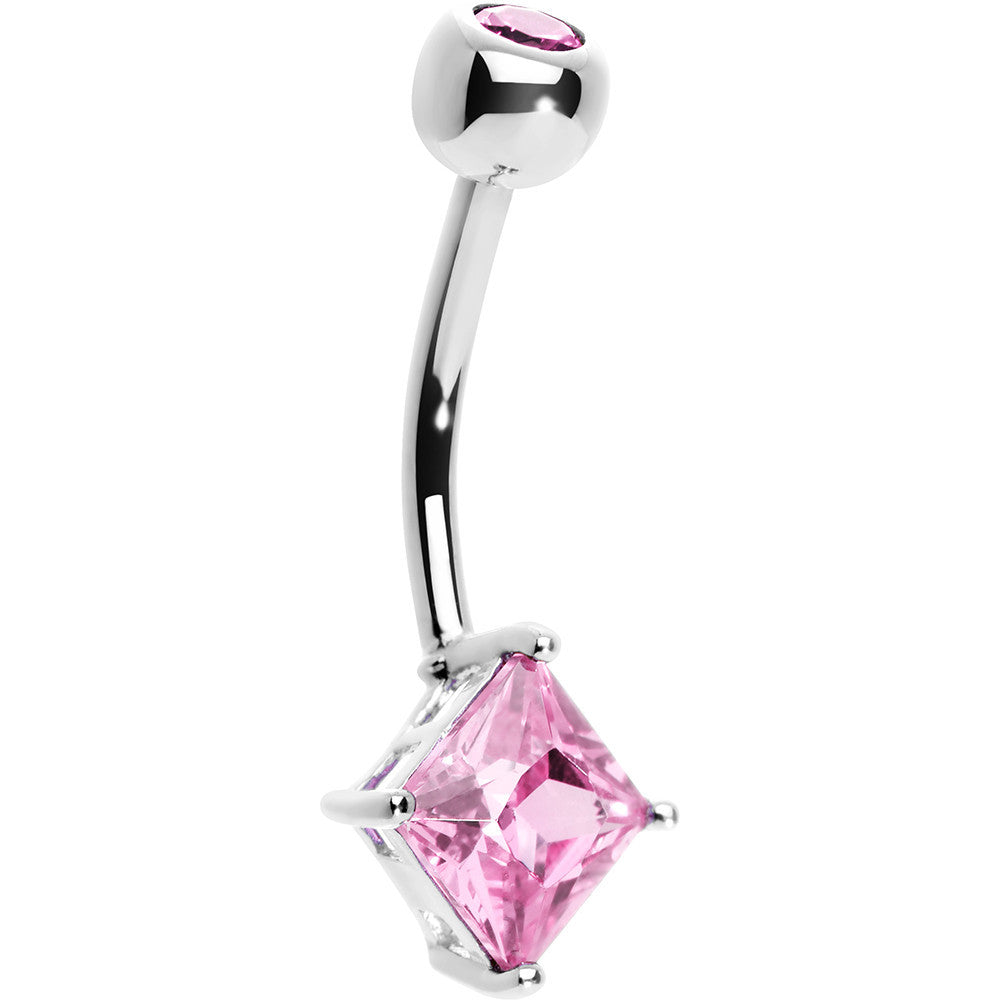 16G 14K White Gold Pink Princess 6mm Cubic Zirconia Belly Ring