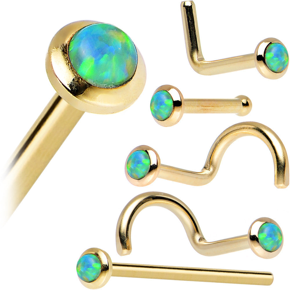 14k Yellow Gold 2mm Lime Synthetic Opal Nose Ring