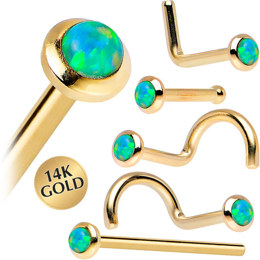 14k Yellow Gold 2mm Lime Synthetic Opal Nose Ring