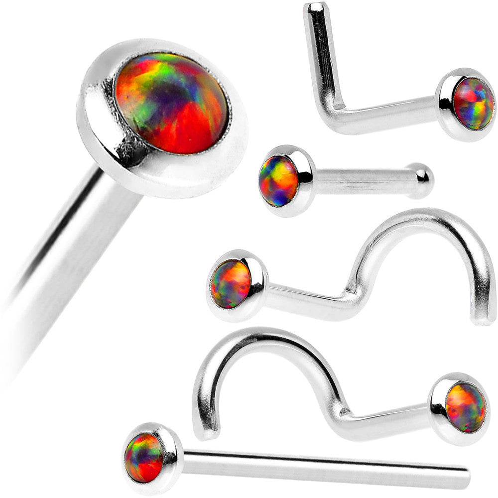 14k White Gold 2mm Fire Red Synthetic Opal Nose Ring