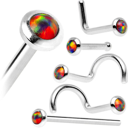14k White Gold 2mm Fire Red Synthetic Opal Nose Ring