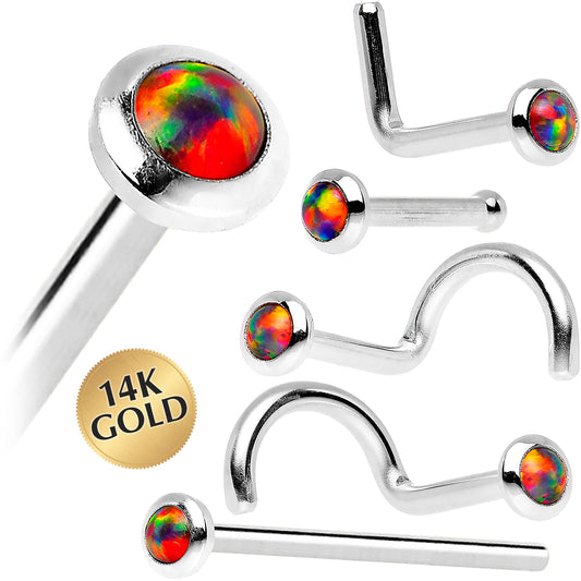 14k White Gold 2mm Fire Red Synthetic Opal Nose Ring