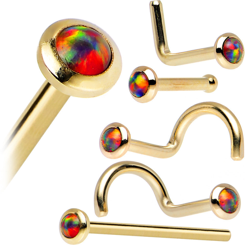 14k Yellow Gold 2mm Fire Red Synthetic Opal Nose Ring