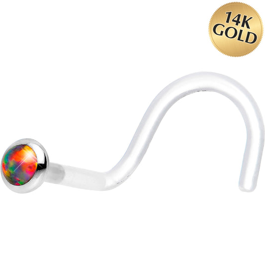 18G White Gold 2mm Fire Red Synthetic Opal Bioplast Nose Ring