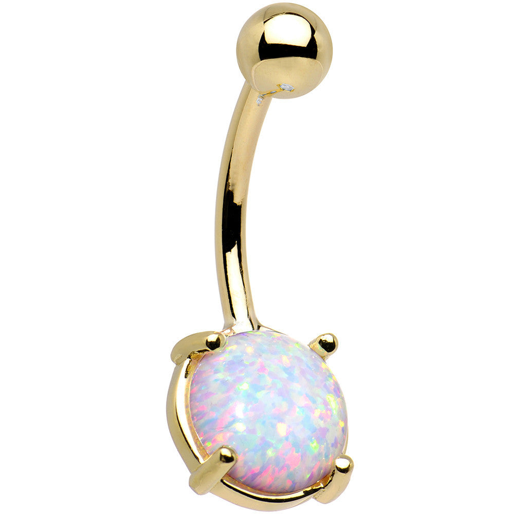 Solid 14k Yellow Gold 8mm Synthetic Opal Belly Ring