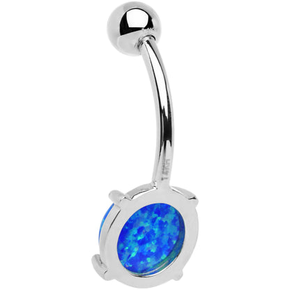 Solid 14k White Gold 8mm Blue Synthetic Opal Belly Ring