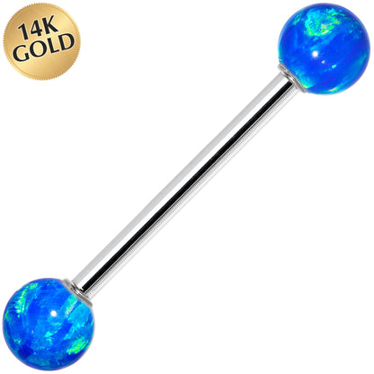 14k White Gold 5mm Blue Synthetic Opal Barbell Tongue Ring 14G 5/8