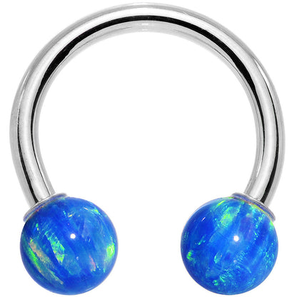 14G Solid 14K White Gold Blue Synthetic Opal Horseshoe Barbell
