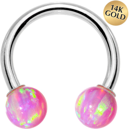 14G Solid 14K White Gold Pink Synthetic Opal Horseshoe Barbell