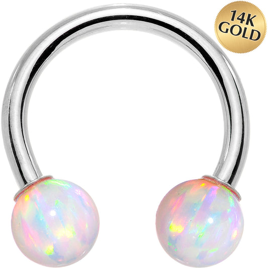 14G Solid 14K White Gold White Synthetic Opal Horseshoe Barbell