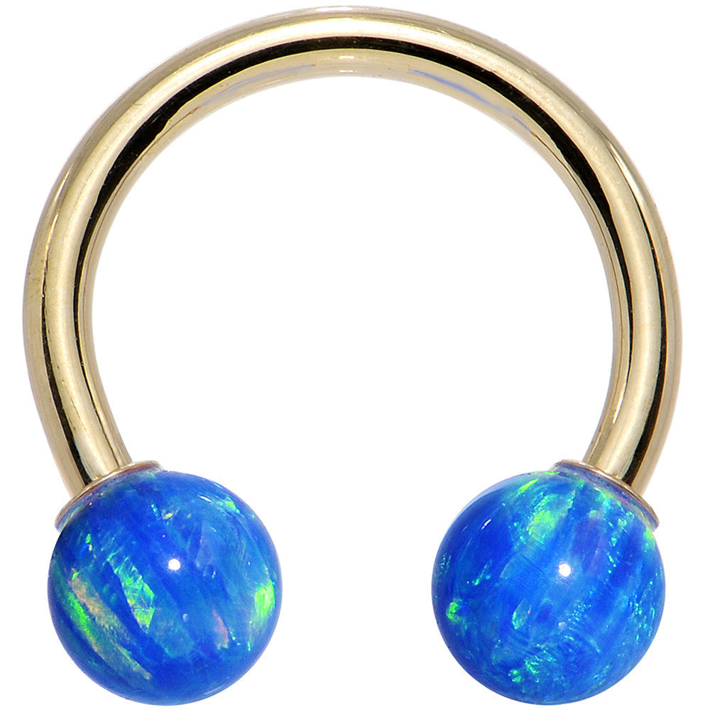 14G Solid 14K Yellow Gold Blue Synthetic Opal Horseshoe Barbell